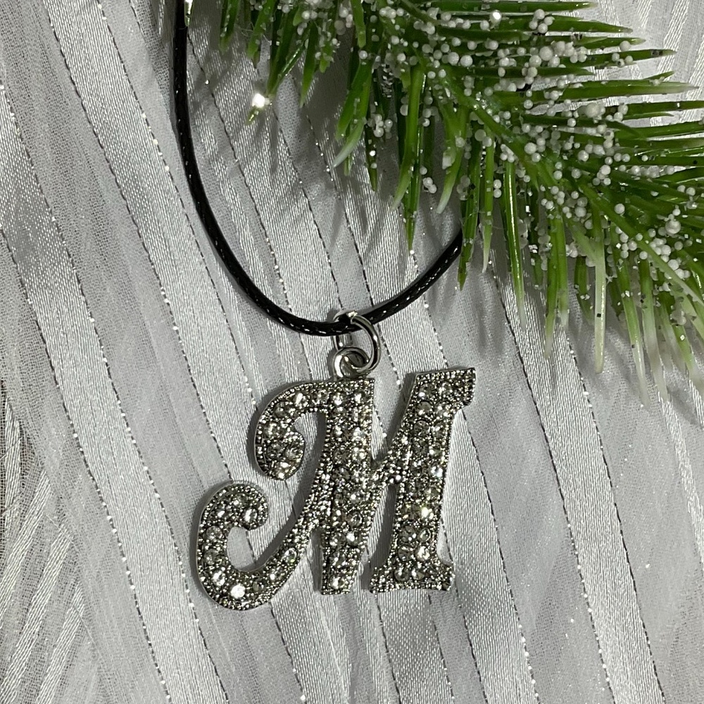 Stunning M Initial Rhinestone Pendant Necklace Silver Tone Black Leather Cord